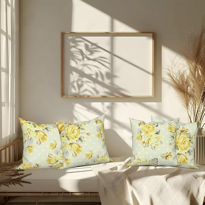 Light Yellow Flower Throw Pillow Covers 26"x26" Set of 4, Retro Floral Decorative Pillowcases for Sofa Chair Couch Bed Living Room Office Car Garden Patio Farmhouse Indoor Outdoor