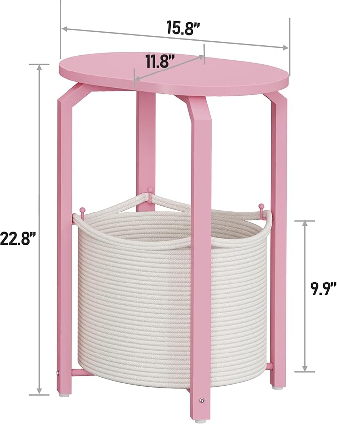TUTOTAK Small Side Table, Oval End Table, Night Stand, Bedside Table, Set of 2, Sofa Table with Storage Basket, Living Room, Bed Room, Pink TB01BP0932