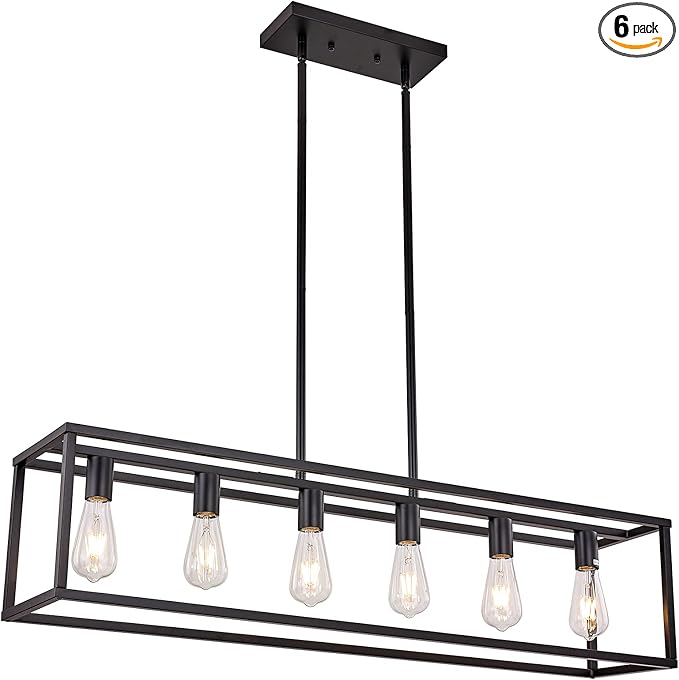 Farmhouse Rectangle Chandeliers for Dining Rooms, Kitchen Fixture Lights Pendant Lights Kitchen Island Black 6-Light Industrial Pendant Lighting for Kitchen Island