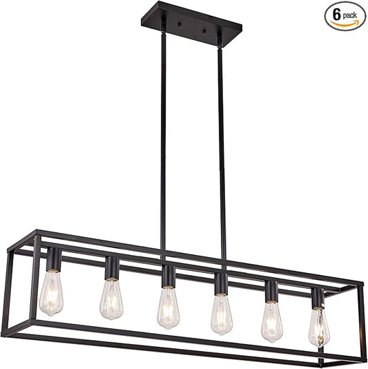 Farmhouse Rectangle Chandeliers for Dining Rooms, Kitchen Fixture Lights Pendant Lights Kitchen Island Black 6-Light Industrial Pendant Lighting for Kitchen Island