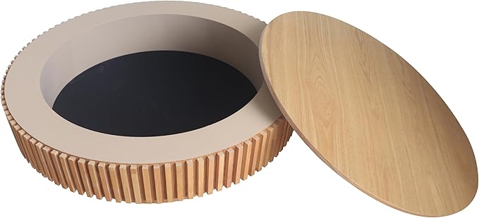 39.37 Inch Round Drum Coffee Table with Storage, Handcraft Fluted Drum Coffee Table, Modern Wooden Round Coffee Table Center Table with Sturdy Pedestal for Living Room Apartment(Natural)