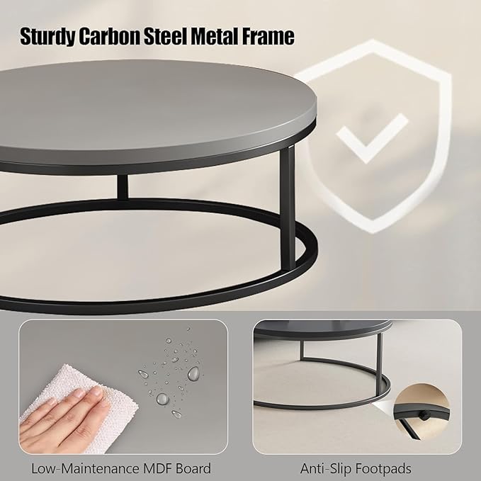 Round Nesting Coffee Table Set of 2, Modern Minimalist Accent Tables for Living Room, Bedroom, Office, Stackable Side Tables (Light & Dark Gray)