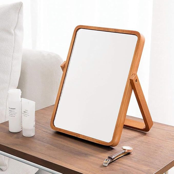 ZOROSY Desk Makeup Mirrors with Wood - Rectangle Wall-Mounted Mirrors Table Mirrors for Living Room Bedroom Birthday Gifts (10.5" L x 7.8" W)