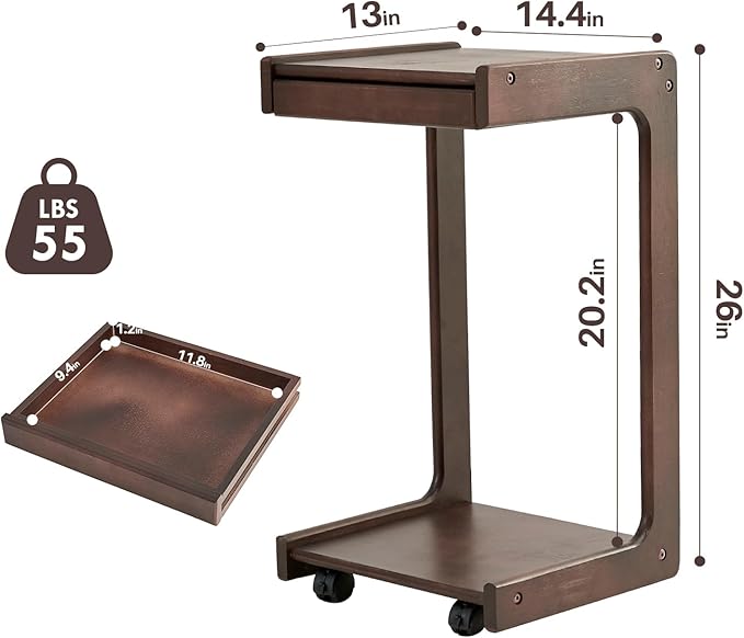 Wood Side Table for Couch - C Shaped Rolling End Table with Wheels, Wooden Modern Small Tv Tray Bedside Tables with Drawer for Sofa Armchair Living Room Bedroom, Walnut, 13 in x 14.4 in x 26 in