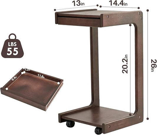 Wood Side Table for Couch - C Shaped Rolling End Table with Wheels, Wooden Modern Small Tv Tray Bedside Tables with Drawer for Sofa Armchair Living Room Bedroom, Walnut, 13 in x 14.4 in x 26 in