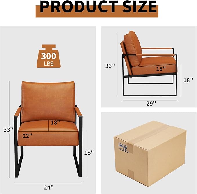CANMOV Modern Accent Chair Set of 4, PU Leather Armchair with Metal Frame,Comfy Single Reading Chair with Soft Padded Backrest and Cushion for Living Room, Bedroom,Reading Room,Office,Brown