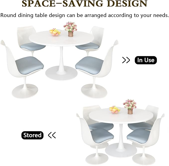 DKLGG White Round Dining Table, 42.1" Tulip Table Kitchen Dining Table 4-6 People with MDF Tabletop & Pedestal Base, Mid-Century End Leisure Coffee Office Living Room Table