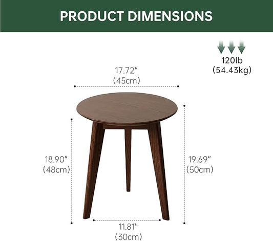 100% Solid Oak Round Side Table, Small Table w/Stable Frame, Round End Table, Small Side Table for Living Room, Bedroom, Couch(Walnut, 17.71" D x 19.68" H)