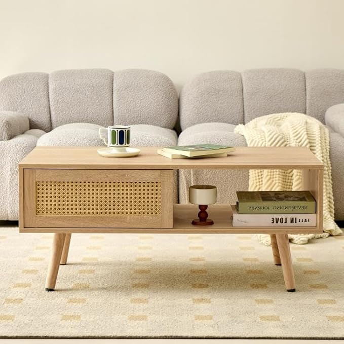IANIYA 40.34" Boho Coffee Table, Rectangle Wooden Accent Center Tables, Living Room Table with Sliding PE Rattan & Solid Legs for Living Room, Apartment Small Space (Natural)