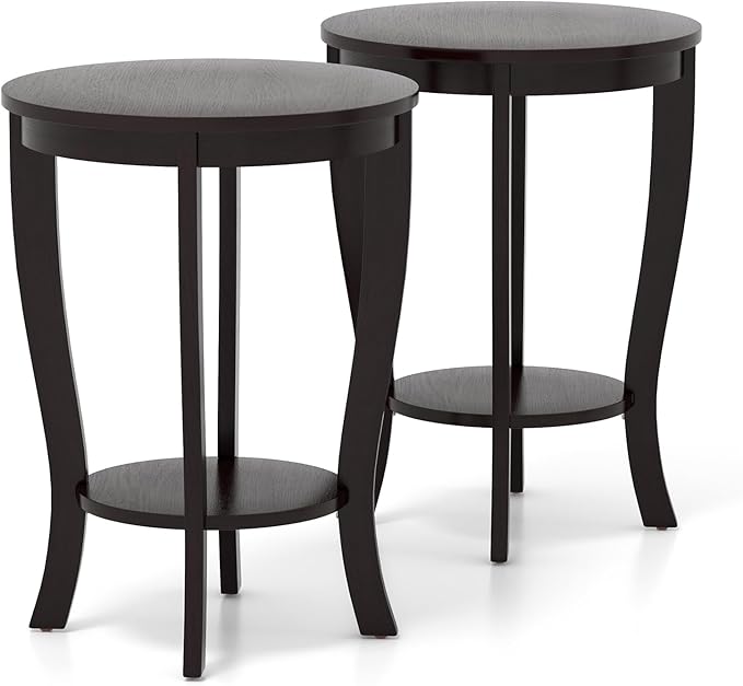 Giantex Round End Tables Set of 2, 2 Tier Side Table with Storage Shelf and Solid Wood Legs, 18" x 18" Accent Table for Corner Small Spaces, Compact Night Stand for Living Room Bedroom, Espresso