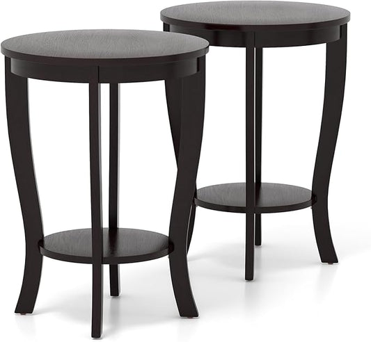 Giantex Round End Tables Set of 2, 2 Tier Side Table with Storage Shelf and Solid Wood Legs, 18" x 18" Accent Table for Corner Small Spaces, Compact Night Stand for Living Room Bedroom, Espresso