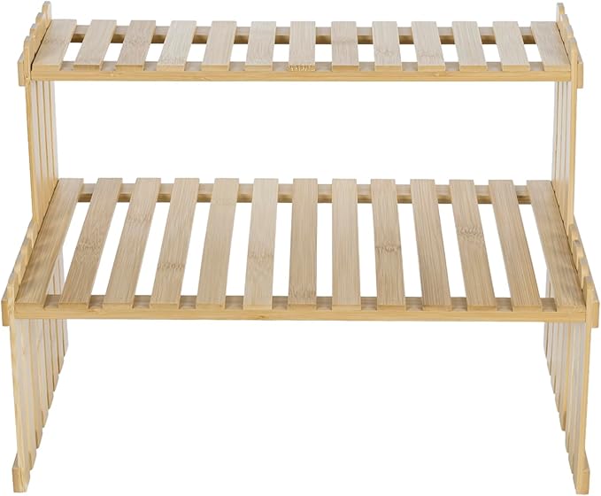 MyGift Natural Bamboo Indoor Plant Stand for Desk, 2 Tier Desktop Shelf Organizer Rack with 2 Slatted Shelves