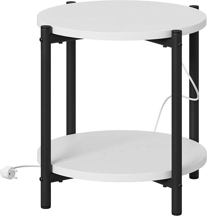 LIKIMIO 15.8" W Small Round Side Table with Charging Station, 2-Tier End Table with Lower Shelf, Wooden Nightstand for Small Spaces, Living Room, Bedroom, White