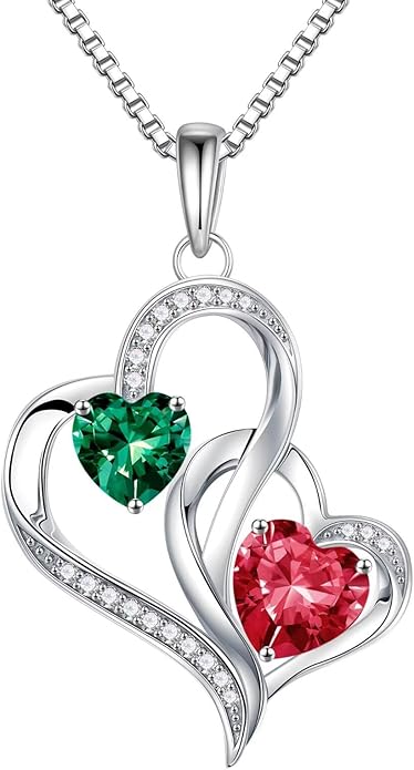 Iefil Christmas Gifts for Women - Double Heart Birthstone Necklace, 925 Sterling Silver Heart Pendant Necklace, Anniversary Birthday Gifts for Women | Personalized Jewelry Gift for Wife Mom Girlfriend