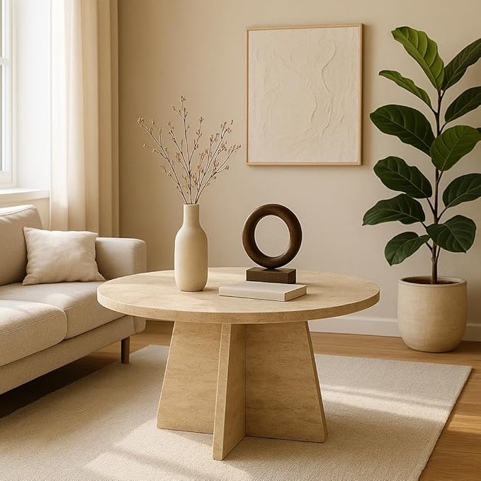 Travertine Efect Coffee Table Modern Side Table for Living Room Accent Table for Sofa or Bedroom (28.3x28.3x16.5 inches)