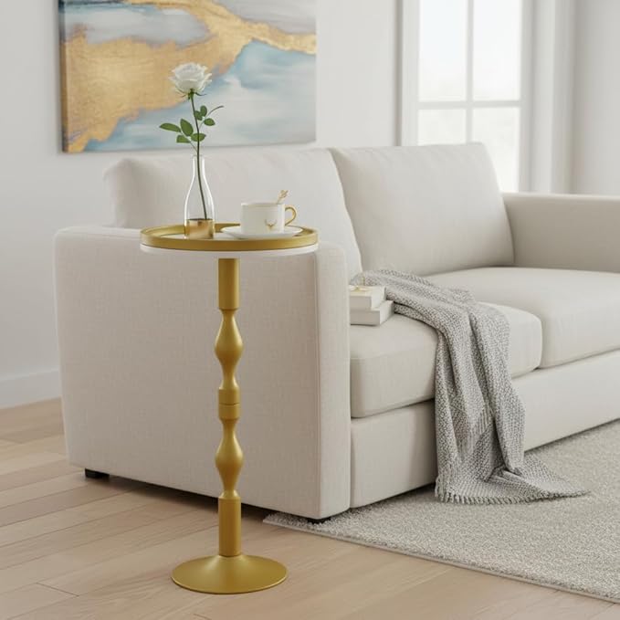 Small Round Drink Table,Pedestal Tables,Small Round Side Table for Narrow Spaces,End Table for Living Room, Bedroom, Bathroom,Balcony (White Gold)