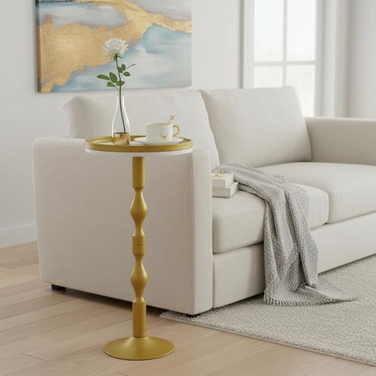 Small Round Drink Table,Pedestal Tables,Small Round Side Table for Narrow Spaces,End Table for Living Room, Bedroom, Bathroom,Balcony (White Gold)