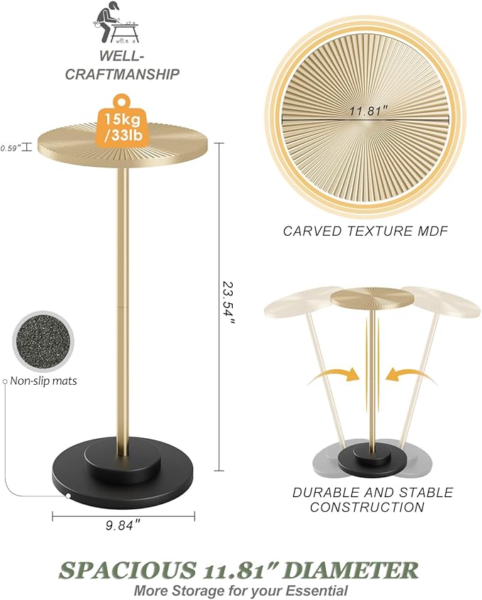 Round Side Table, Small Drink Table for Small Spaces, Modern Accent End Table with Metal Leg for Living Room, Bedroom, Corners, and Office (Gold)