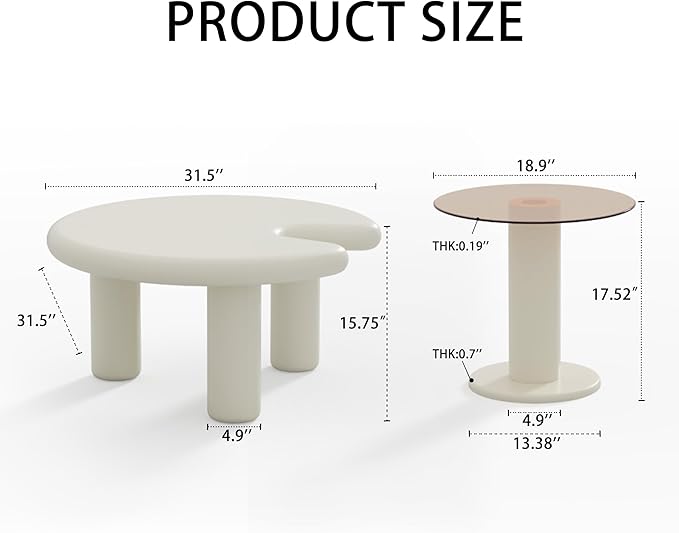 Cloud Coffee Table Cute Nesting Coffee Tables Set of 2 Irregular Coffee Table with Glass Top, Modern Small Coffee Tables End Tables Set Center Table White & Brown