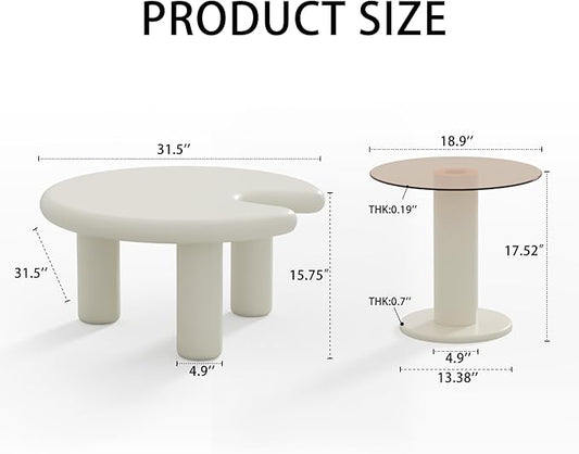 Cloud Coffee Table Cute Nesting Coffee Tables Set of 2 Irregular Coffee Table with Glass Top, Modern Small Coffee Tables End Tables Set Center Table White & Brown