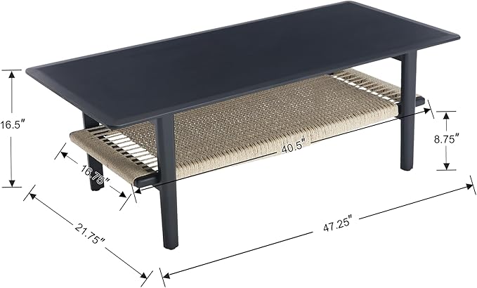 Farmhouse Coffee Table with Rattan Storage Boho Mid Centry Modern Center Table with Under Shelf Wood Living Room Table with Woven Shelf Underneath for Living Room Lounge, Black