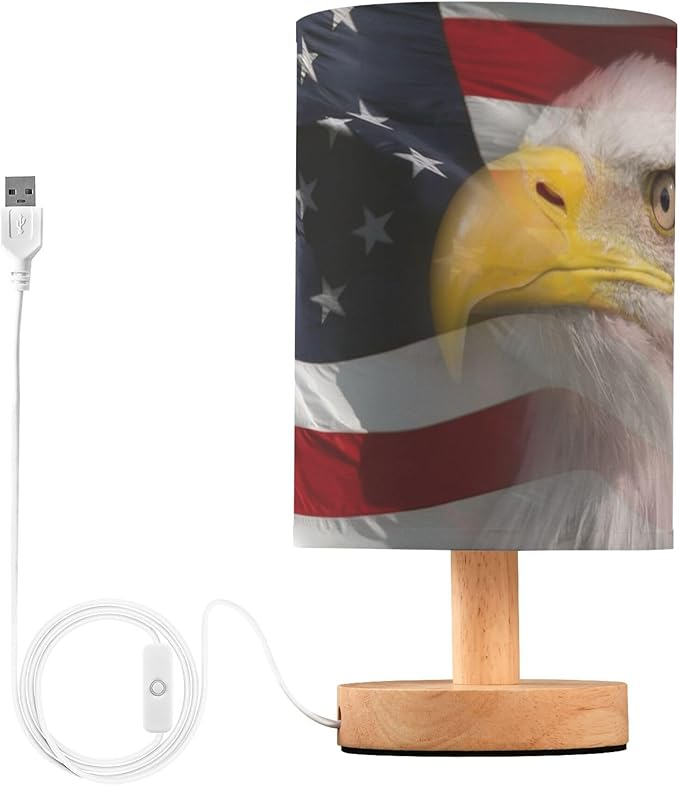 Table Lamp Bald Eagle American Flag Patriotic USA Pattern Nightstand Lamp with Wood Base Fabric Lamp Shade Bedside Desk Lamp for Living Room Bedroom Kids Room Office