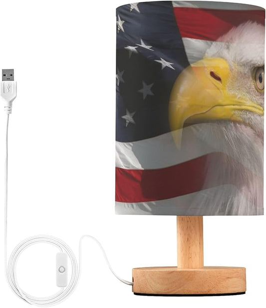 Table Lamp Bald Eagle American Flag Patriotic USA Pattern Nightstand Lamp with Wood Base Fabric Lamp Shade Bedside Desk Lamp for Living Room Bedroom Kids Room Office