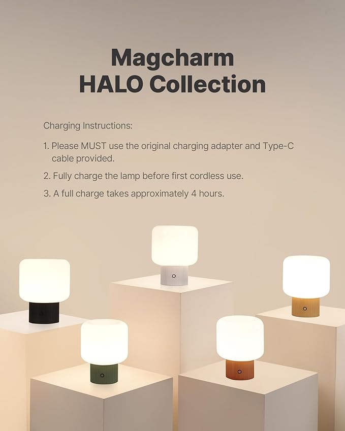 Halo Mushroom Lamp, 5W Cute Cordless Rechargeable Table Lamp with Glass Shade, 3-Color Dimmable Small Retro Touch Bedside Lamp for Bedroom Ambient Decor (Orange)