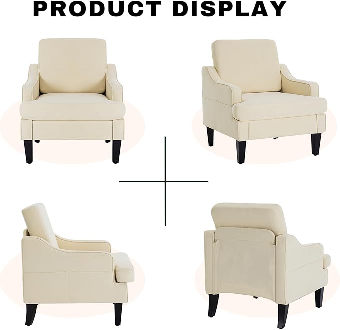 Accent Chair for Living Room,Mid-Century Arm Chair Fabric Living Room Chairs,Upholstered Reading Chair for Bedroom,Single Sofa Chair with Wood Legs for Apartment,Beige,2 Pack