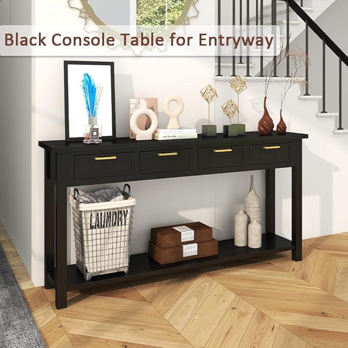 Console Table for Entryway with 4 Drawers, 60 Inch Long Foyer Table w/Open Storage Shelves and Handmade Metal Handle, Narrow Sofa Table for Living Room, Hallway, Black