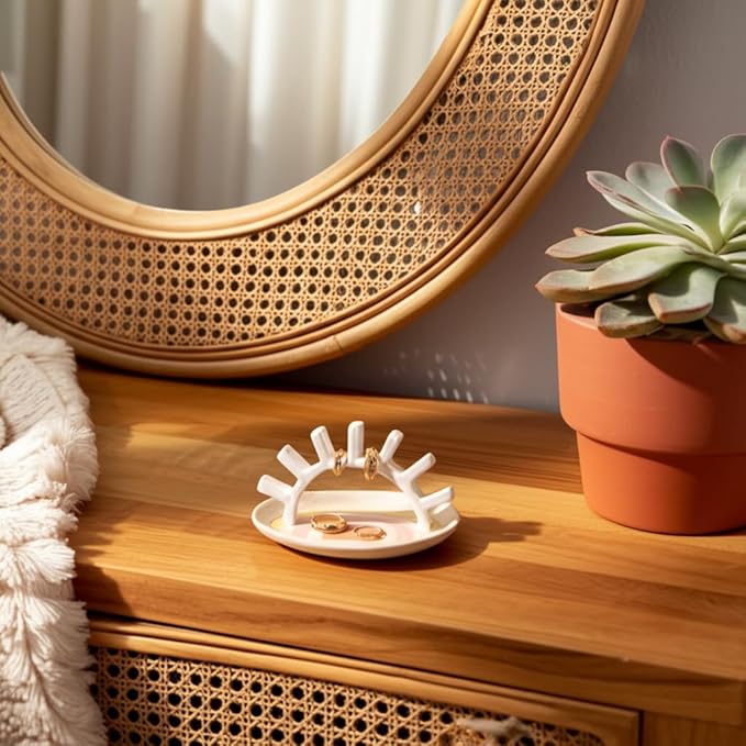 Sagebrook Home Boho Trinket Tray with Ring Holder - Ceramic Stoneware Jewelry Dish - Decorative Organizer for Rings & Accessories - Home, Office, Bedroom & Living Room Decor - 4" Ivory & Tan