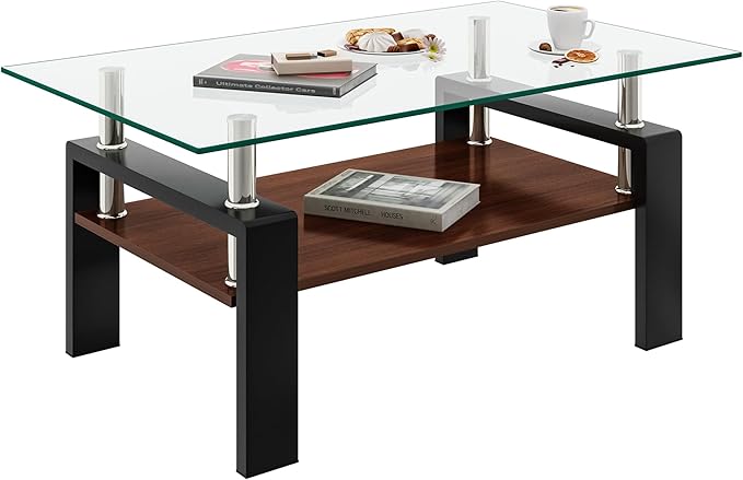 Coffee Table for Living Room, Modern Rectangle Tempered Glass Center Table with MDF Storage Shelf, 220lbs Load-Bearing for Small Space, Apartment, Office (Transparent + Black + Tempered Glass)