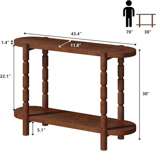Farmhouse Entryway Table with Storage-43.4" Narrow Console Table with Solid Wood Legs, 2 Tiers Rounded Corners Sofa Tables for Living Room，Hallway, Entrance, Foyer, Rustic Brown