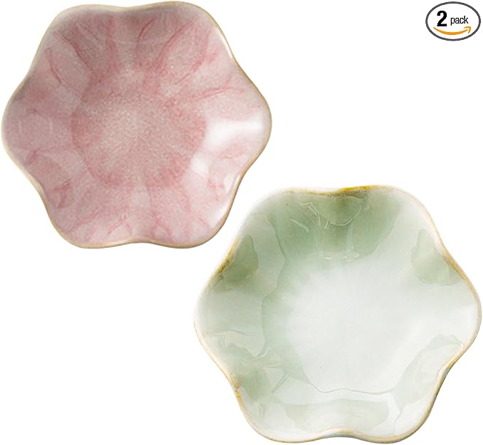 2Pcs Ceramic Jewelry Dish - Lotus Leaf Shape, for Ring Holder Necklace Small Key, Suitable for Mother Friend Sister, Gifts for Women, Cute Plate Trinket Tray, Home Decor (Pink & Green)