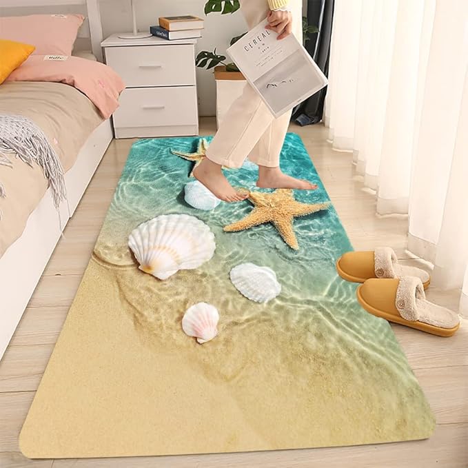 Bath Rugs Sponge Foam Absorbent Soft for Bathroom and Kitchen (71 x 24 inches), Flannel Mat Non Slip Bright 3D Print for Bedside and Living Room(Scallop Starfish)