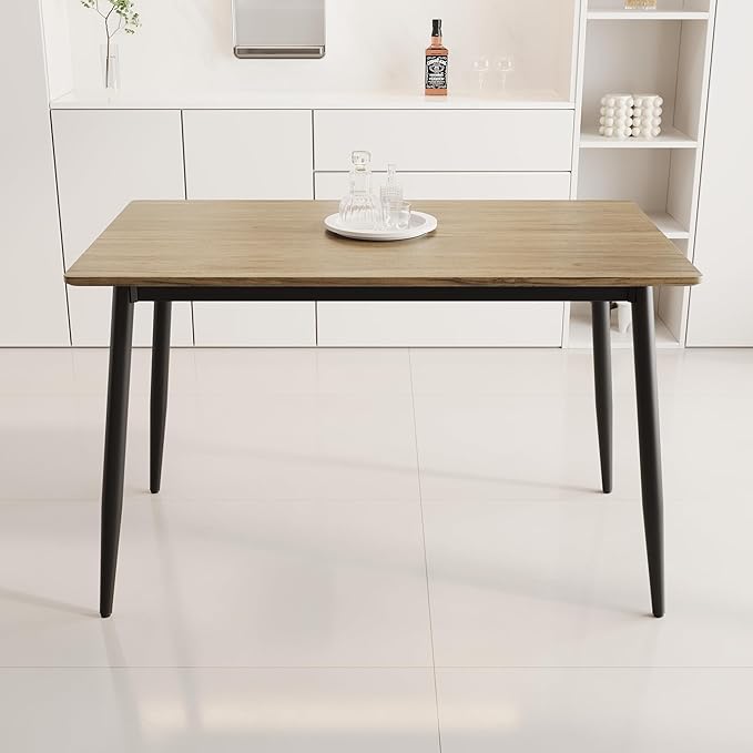 Modern Wooden Dining Table, 47.2'' Rectangle Table, Kitchen & Dining Room Table, Wooden Dining Table with Black Metal Legs for Living Dining Room(Dark Wood, 47.2 in)