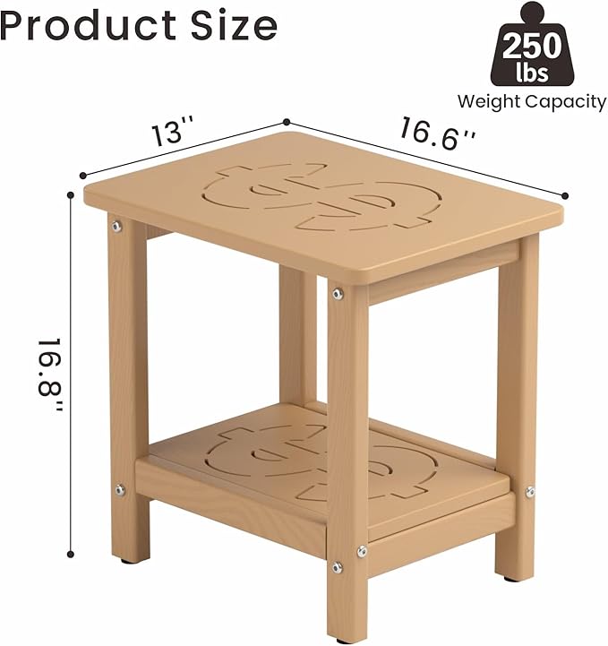 16.6'' HDPE Outdoor Side Table, Weatherproof Small Outdoor Table for Adirondack, Patio, Porch, Balcony, Poolside (2-Tier, Teak)