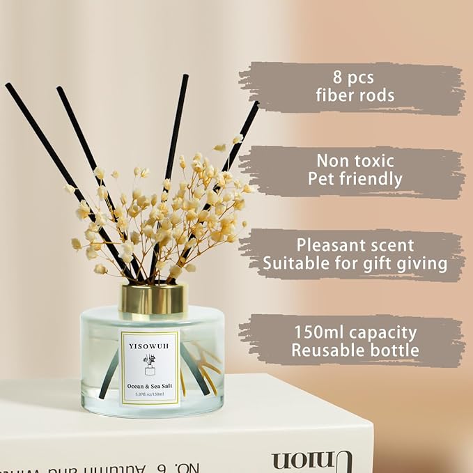 Reed Diffuser Set,5.07 fl oz (150 ml) - Ocean & Sea Salt Oil Diffusers with 8 Reed Sticks,Home Fragrance Reed Diffuser for Bathroom Shelf Decor