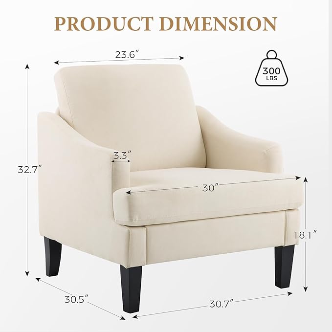 Bezseller Modern Accent Chair, Upholstered Reading Armchair with Wood Legs, Mid-Century Leisure Comfy Single Sofa Chair for Living Room, Bedroom, Home, Office, Beige