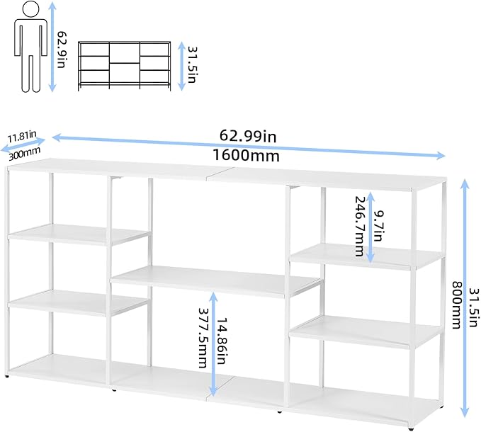 63 Inch Metal Console Table with 8 Storage Shelves,Extra Long Entryway Table,Narrow Sofa Table,Hallway Table for Entrances to Corridor, Foyer,Living Room (White, 62.99×11.81×31.5)