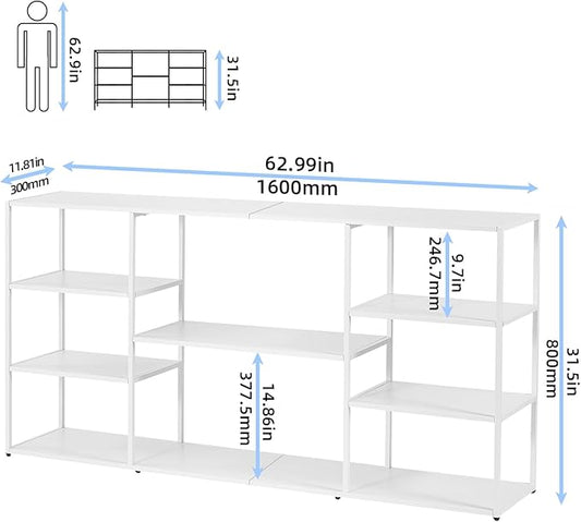 63 Inch Metal Console Table with 8 Storage Shelves,Extra Long Entryway Table,Narrow Sofa Table,Hallway Table for Entrances to Corridor, Foyer,Living Room (White, 62.99×11.81×31.5)