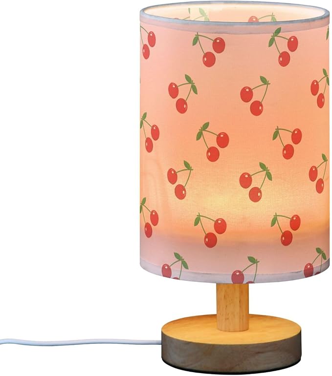 Table Lamp Pretty Cherry Pattern on Pink Nightstand Lamp with Wood Base Fabric Lamp Shade Bedside Desk Lamp for Living Room Bedroom Kids Room Office