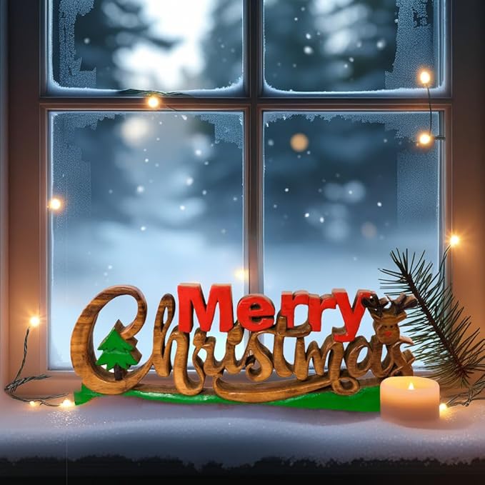 Decozen Living Room Decor: Handcrafted Merry Christmas Centerpiece - Christmas, Bedroom, Indoor Coffee Table, Dining Room, Farmhouse & Kitchen Decor, Housewarming Gifts - Solid Wood