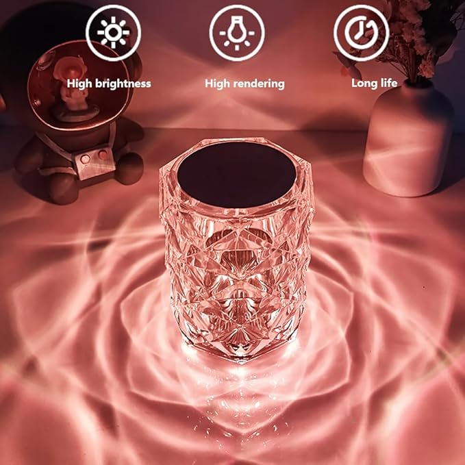 Portable Crystal Table Lamp, 3-Color Touch Control Rechargeable, 3-Levels Brightness Room Decor, Crystal Bedside Night Light for Kids, Bedroom & Dining Room (16 Color Rose)