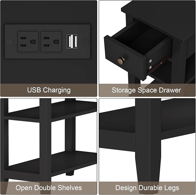 ChooChoo Narrow End Table with Charging Station, Side Table Living Room with USB Ports & Power Outlets and Hidden Drawer, 3-Tier Skinny Nightstand with 2 Open Storage Shelves for Small Place (Black)