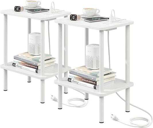 Apicizon 2 Tier End Table Set of 2, Small Side Table with Charging Station, Boho Bedside Table with USB Ports and Outlets, Nightstand for Small Spaces, Bedroom, Living Room, Easy Assembly, White