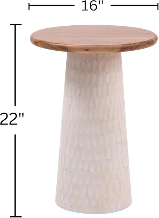 Mid-Century Farmhouse Design Hand-Carved Pedestial Solid Mango Wood Accent Drink Table, Small Round Side Table with Round Natural Top for Living Room, Bedroom or Entryway, White, Assembled