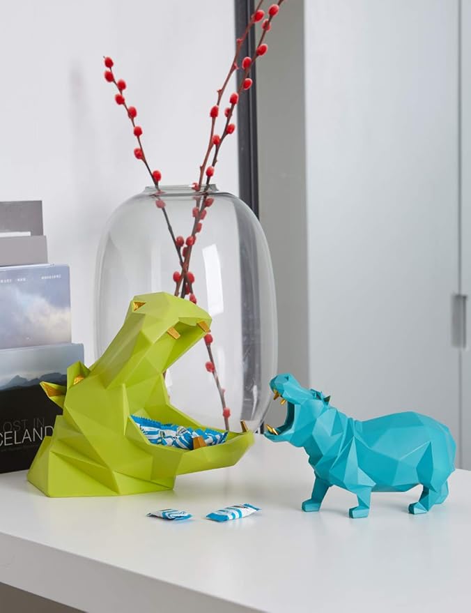 HAUCOZE Hippo Gifts Statue Animal Scupture Figurine Modern Arts Decor Polyresin Blue 7.1 inch