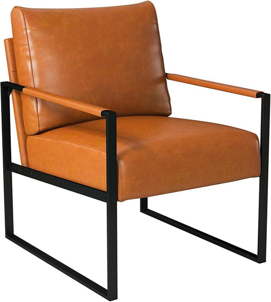 INZOY Leather Accent Chair with Metal Frame, Comfy Living Room Chair with Plump Backrest and Cushion, Mid Century Modern Chair with Sturdy Structure, Easy to Clean, Brown