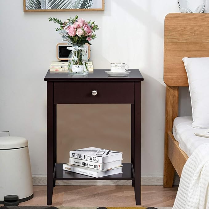 Giantex Nightstand Wooden 2-Tier Couch Sofa Side Table with Drawer, Storage Shelf, Solid Wood Legs,Mufti-Functional Home Furniture for Living Room Bedroom Study Room End Table (1, Brown)